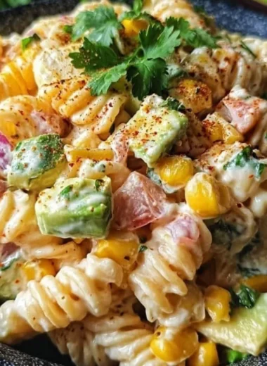 A colorful bowl of Mexican Street Corn Pasta Salad garnished with cilantro and lime.