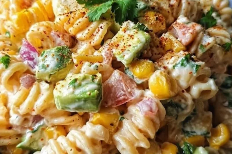 A colorful bowl of Mexican Street Corn Pasta Salad garnished with cilantro and lime.