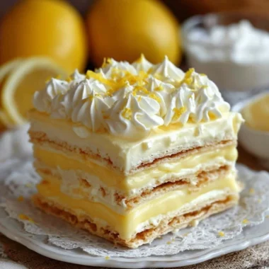 No-Bake Lemon Éclair Cake beautifully arranged on a serving plate