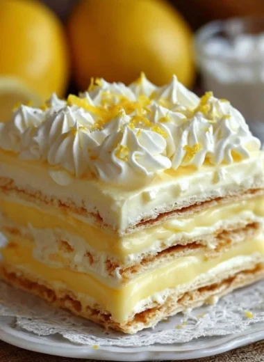 No-Bake Lemon Éclair Cake beautifully arranged on a serving plate