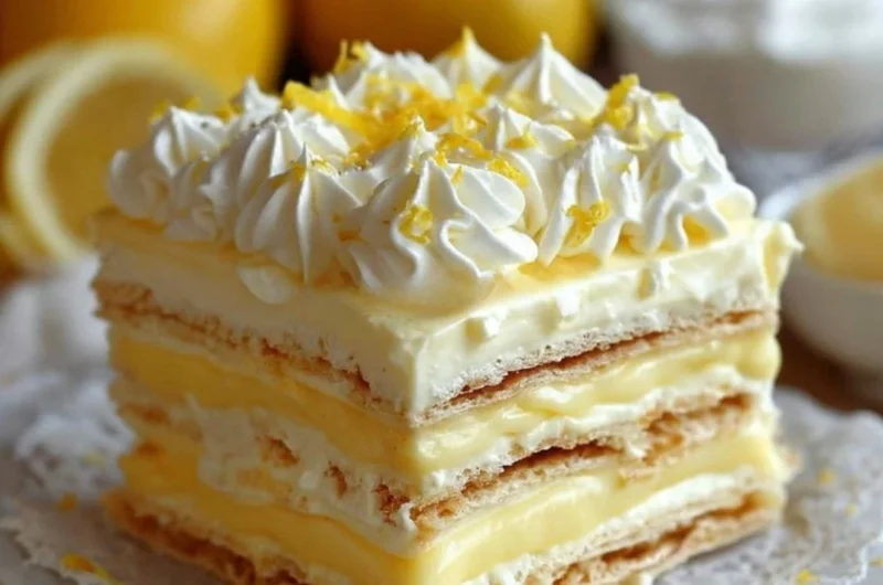 No-Bake Lemon Éclair Cake beautifully arranged on a serving plate