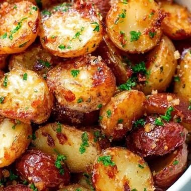 Deliciously golden Parmesan Roasted Potatoes served with herbs