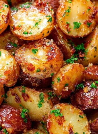 Deliciously golden Parmesan Roasted Potatoes served with herbs
