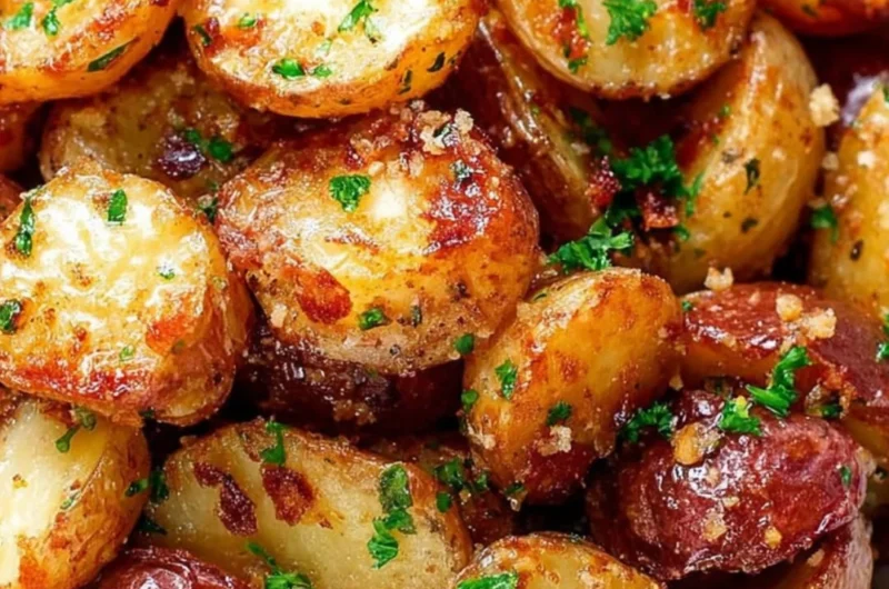 Deliciously golden Parmesan Roasted Potatoes served with herbs
