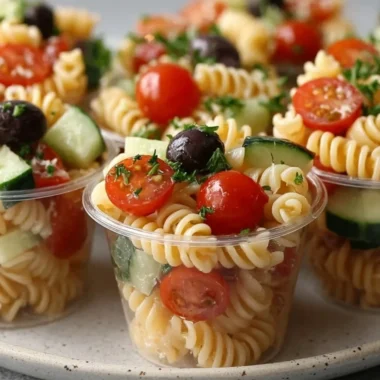 Colorful pasta salad cups filled with fresh vegetables and dressing