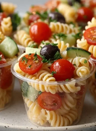 Colorful pasta salad cups filled with fresh vegetables and dressing