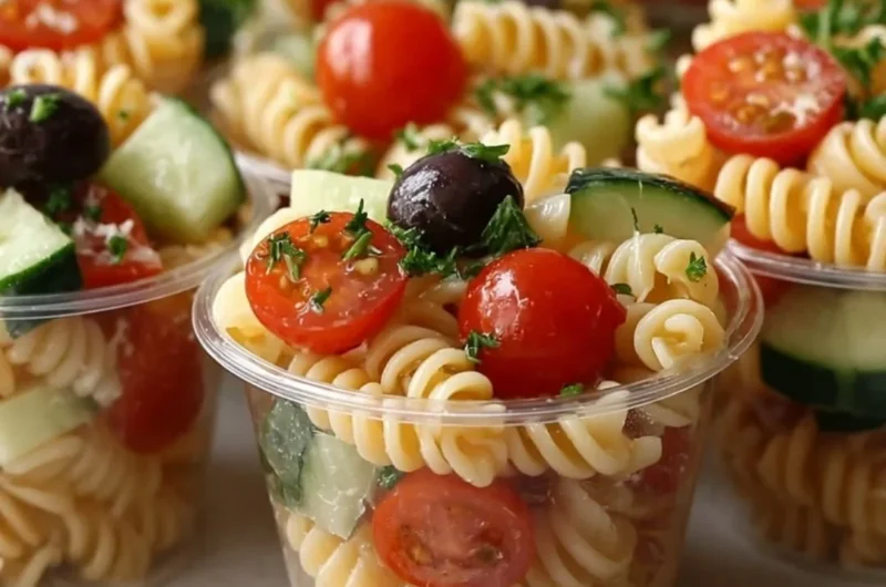 Colorful pasta salad cups filled with fresh vegetables and dressing