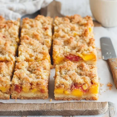Delicious Peaches and Cream Crumble Bars on a plate, drizzled with cream