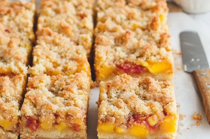 Delicious Peaches and Cream Crumble Bars on a plate, drizzled with cream