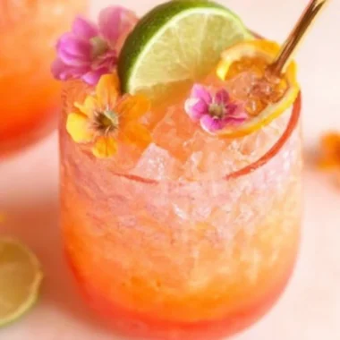 Pineapple Mango Rum Punch in a glass with tropical garnishes