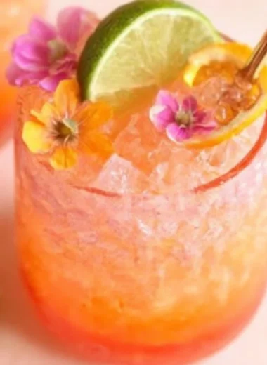 Pineapple Mango Rum Punch in a glass with tropical garnishes
