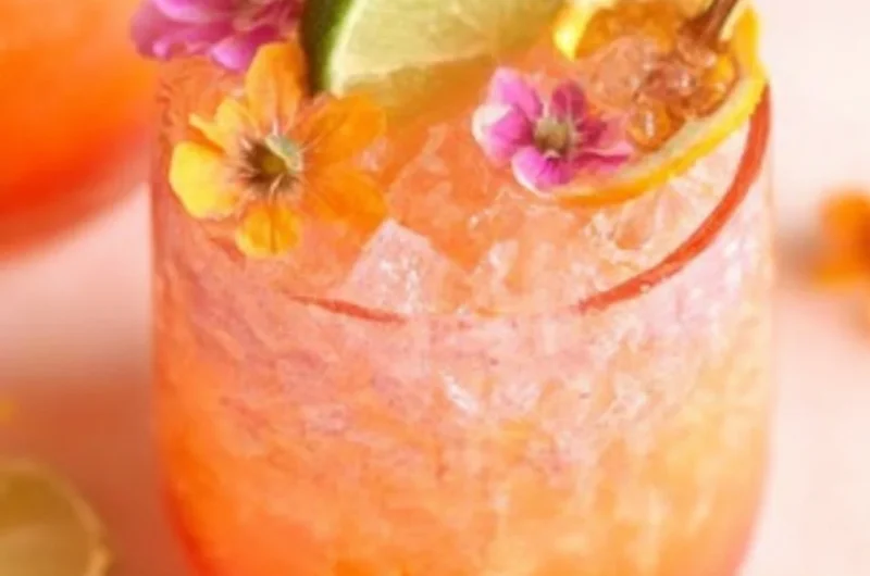 Pineapple Mango Rum Punch in a glass with tropical garnishes