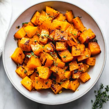 Bowl of roasted butternut squash seasoned with herbs and spices