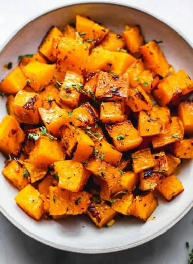 Bowl of roasted butternut squash seasoned with herbs and spices