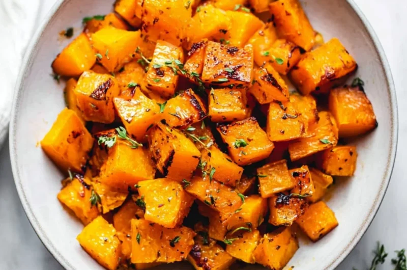Bowl of roasted butternut squash seasoned with herbs and spices