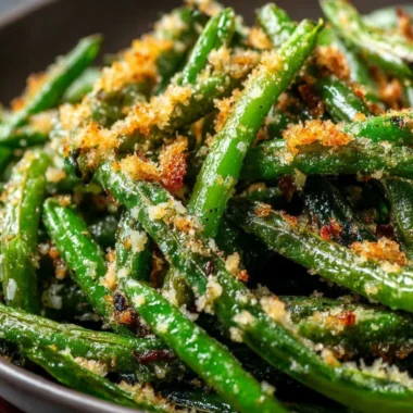 Plate of roasted green beans with garlic and parmesan on a wooden table
