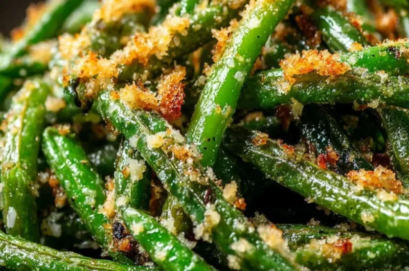 Plate of roasted green beans with garlic and parmesan on a wooden table