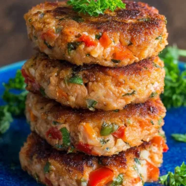 Homemade salmon patties served on a plate with fresh herbs and lemon slices.