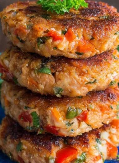 Homemade salmon patties served on a plate with fresh herbs and lemon slices.