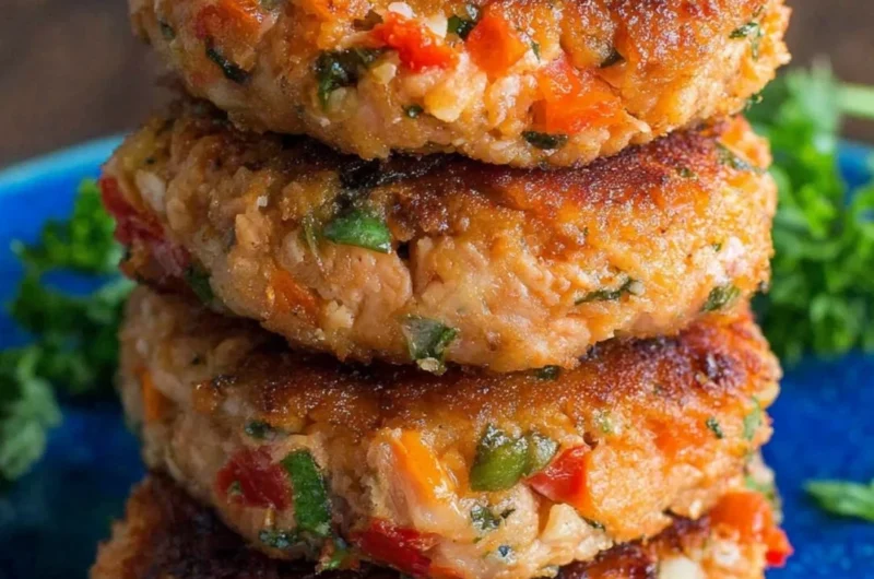 Homemade salmon patties served on a plate with fresh herbs and lemon slices.