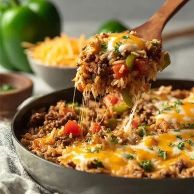 Satisfying ground beef and rice skillet dish garnished with herbs