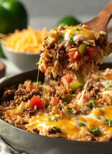Satisfying ground beef and rice skillet dish garnished with herbs