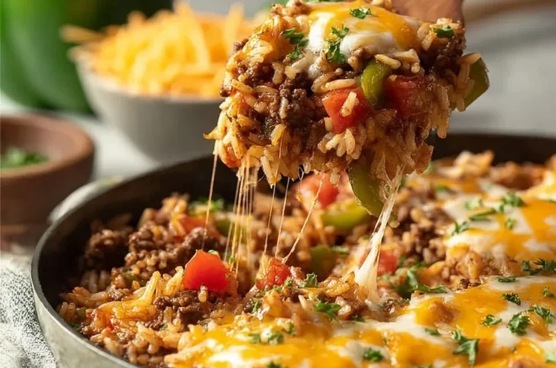 Satisfying ground beef and rice skillet dish garnished with herbs