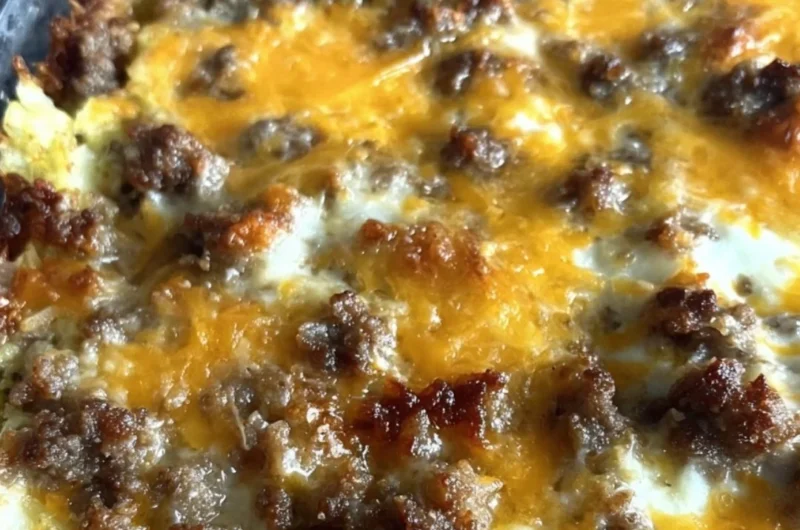 Sausage Hashbrown Breakfast Casserole topped with cheese and herbs