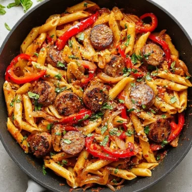 Delicious homemade sausage pasta served in a bowl with herbs and cheese.