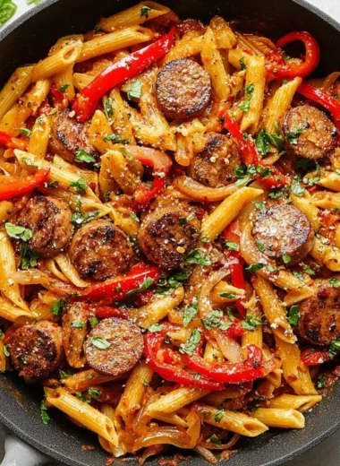 Delicious homemade sausage pasta served in a bowl with herbs and cheese.