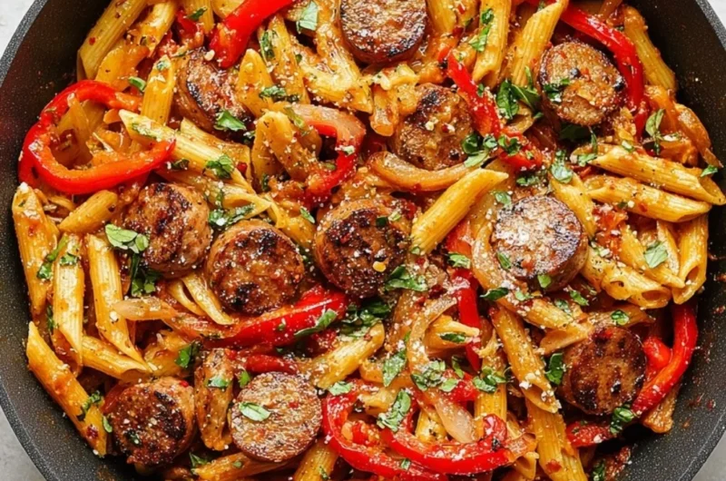Delicious homemade sausage pasta served in a bowl with herbs and cheese.