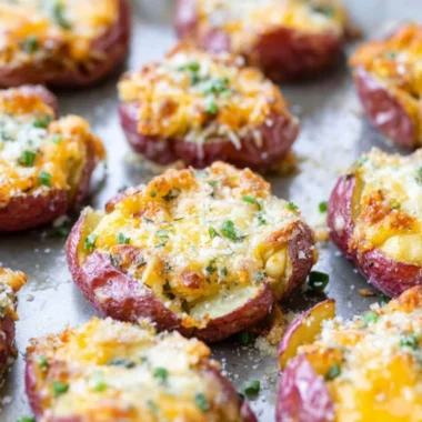 Crispy smashed potatoes topped with herbs and spices on a plate