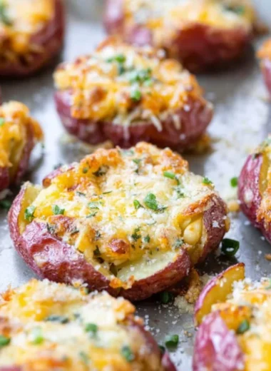 Crispy smashed potatoes topped with herbs and spices on a plate