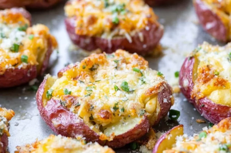 Crispy smashed potatoes topped with herbs and spices on a plate