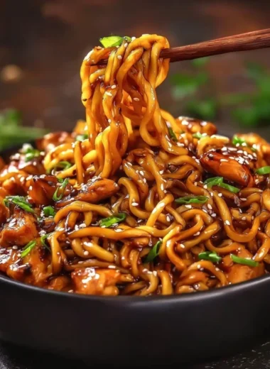Delicious sticky garlic chicken served over noodles in a vibrant dish.