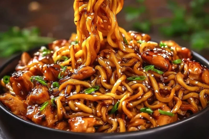 Delicious sticky garlic chicken served over noodles in a vibrant dish.