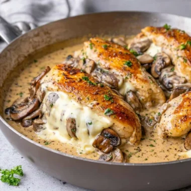 Stuffed chicken breast with mushrooms and cheese on a plate