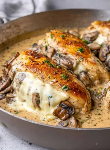 Stuffed chicken breast with mushrooms and cheese on a plate