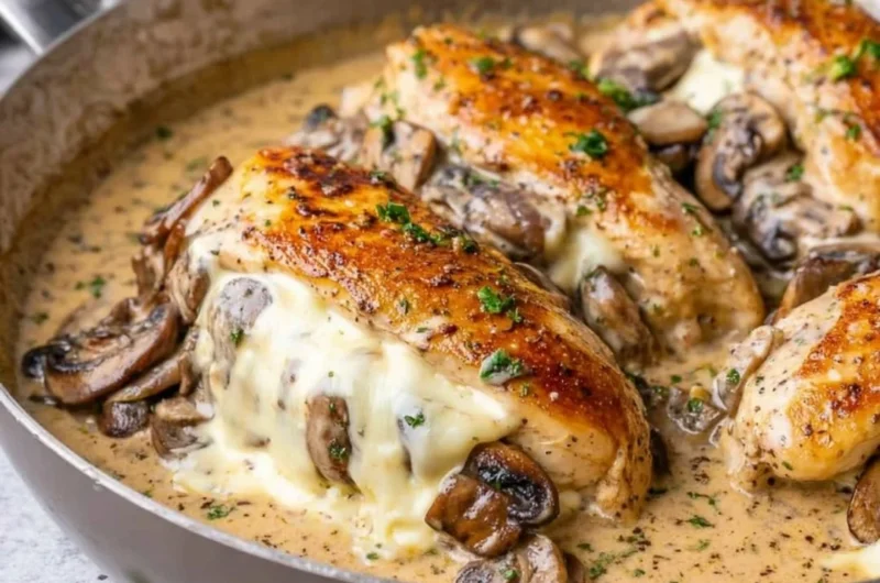 Stuffed chicken breast with mushrooms and cheese on a plate