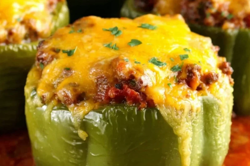 Colorful stuffed peppers with a variety of fillings on a plate