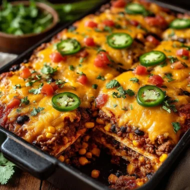 Delicious Taco Bake Casserole with layers of seasoned ingredients