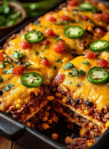Delicious Taco Bake Casserole with layers of seasoned ingredients