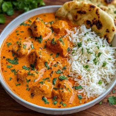 A plate of creamy butter chicken garnished with cilantro and served with rice.