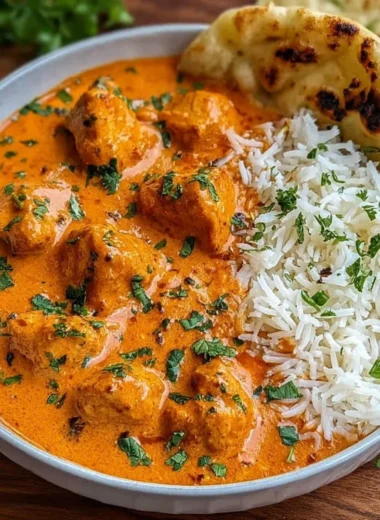 A plate of creamy butter chicken garnished with cilantro and served with rice.