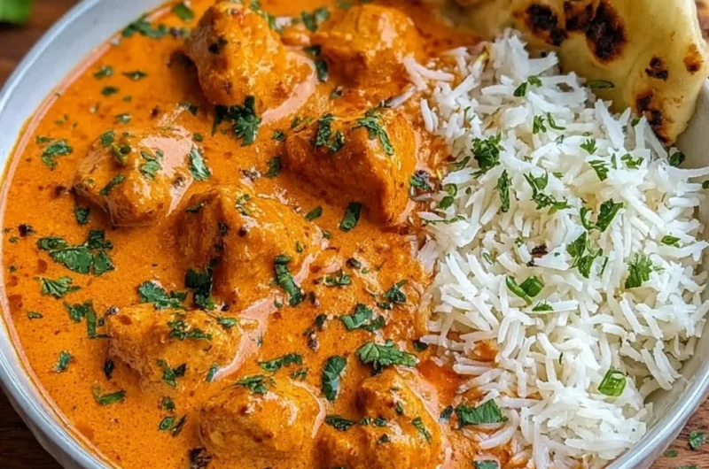 A plate of creamy butter chicken garnished with cilantro and served with rice.