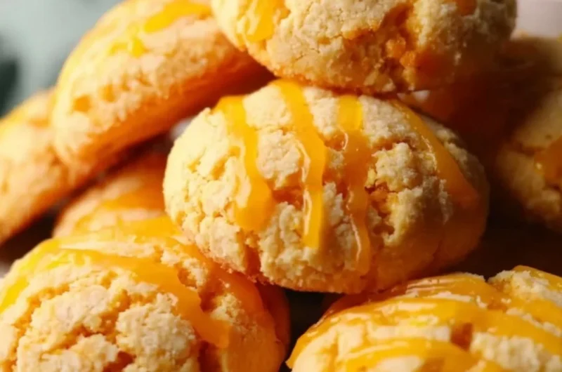Freshly baked tropical mango cookies with pieces of mango on a plate.