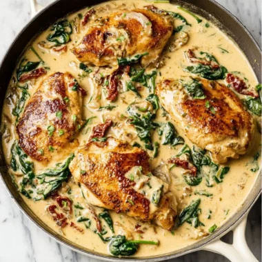 Delicious Tuscan Chicken served with herbs and creamy sauce