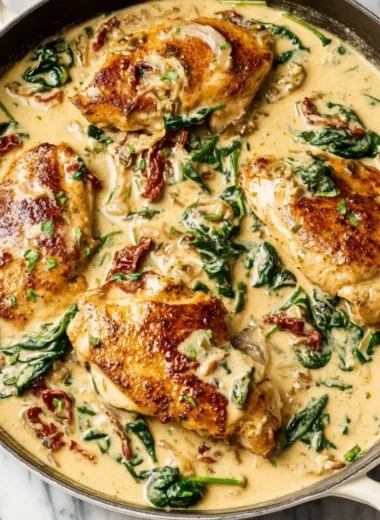 Delicious Tuscan Chicken served with herbs and creamy sauce