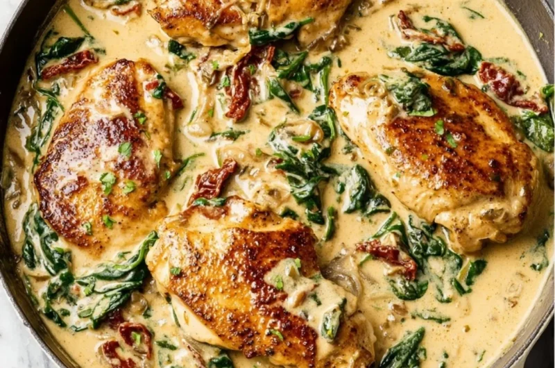 Delicious Tuscan Chicken served with herbs and creamy sauce