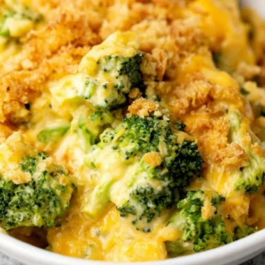 Delicious Velveeta broccoli casserole baked to perfection with cheese and broccoli.